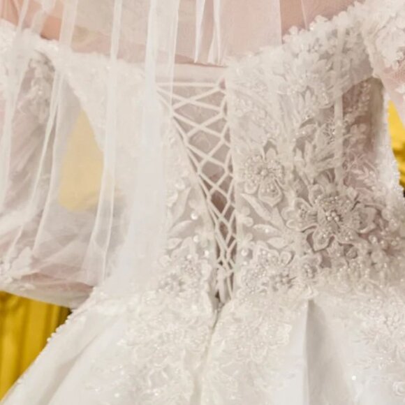 New Off The Shoulder Mesh Wedding Gown w/Floral Lace & Sheer Voned Bodice GL3824 - Picture 13 of 15